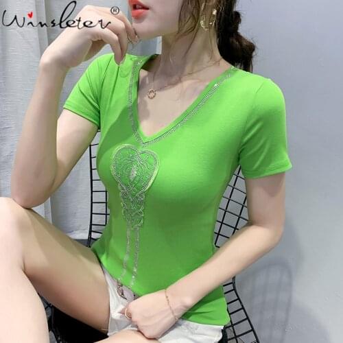 Summer Korean Style T-Shirt Chic V-Neck Diamonds Women Tops Short Sleeve Cotton Sexy Back Bottoming Shirt Tees New 2021 T14717A