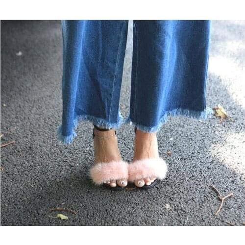Summer New Fashion Women Cute Pink Rabbit Fur Buckle Strap Stiletto Heels Open Toe Party Sandals Nightclub Dress Sandals Shoes