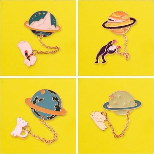 Astronaut Metal Pins For Clothes Rabbit Cat Cute Chain Round Backpack Badges Clothes Lapel Pins Icon On Clothes Accessories Gift