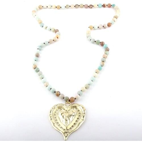 Fashion Bohemian Jewelry Semi Precious Stones Long Knotted Metal Heart Pendant Necklaces