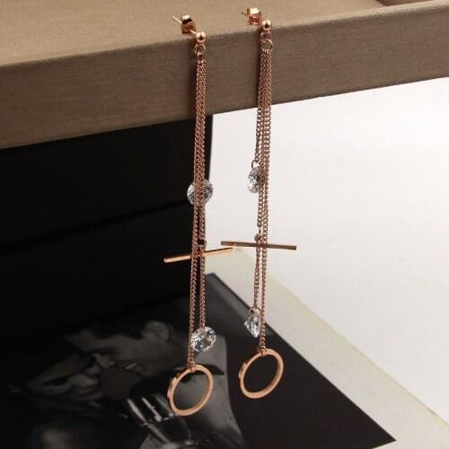 Fashion Woman Jewelry Long Beads Hanging Side Chain Crystal Rose Gold Tassel Titanium Steel Stud Earrings for Women Wholesale