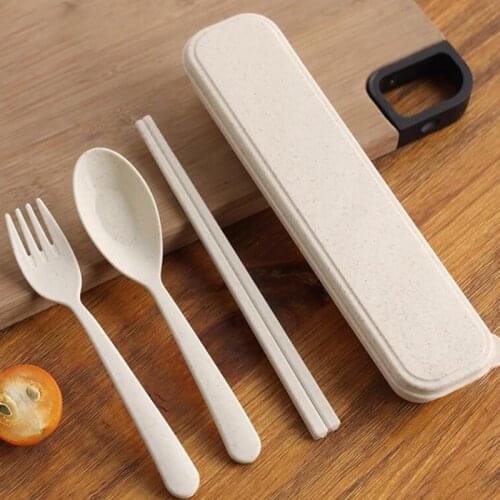 3PCS Wheat Straw Tableware Portable Dinnerware Set Reusable Household Dishware Camping Spoon Fork Chopsticks Kit Gift