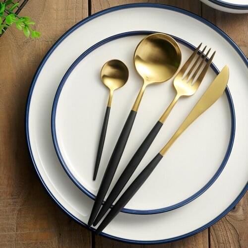 24 Pcs Western Black Gold Cutlery Set Stainless Steel Frost Dinner Knives Forks Restaurant Dinnerware Sets