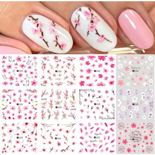 Spring Sakura Nail Water Stickers Pink Cherry Blossoms Decals Flowers Leaf Tree Summer Nails Art Decoration Sliders BEA1621-1632