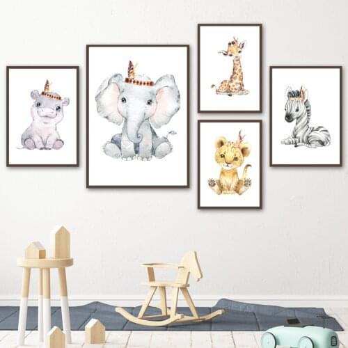 Wall Art Canvas Painting Elephant Zebra Giraffe Lion Cartoon Animals Nordic Posters And Prints Wall Pitcures For Kids Room Decor