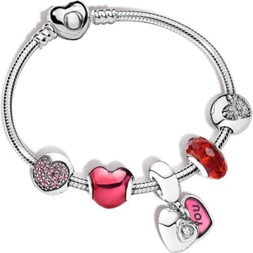 NEW 100% 925 Sterling Silver New 1:1 Heart Rhyme ZT0186 String Jewelry Fashion Bracelet Set Womens Charming Gift Jewelry
