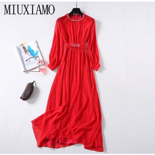 MIUXIMAO 2020 Fall Dress Women Party Red Dress Diamonds Office Lady Casual Long Sleeve Long Dress Women Vestidos With Bow