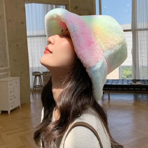 2021 Faux Fur Tie Dye Bucket Hat шапка Fishmen for женская Women Winter Warm Sunscreen панама женская Caps Hunting Fishen Gorros