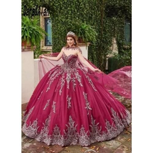 Cara&Alan Princess vestidos de 15 años Lace Applique Red Quinceanera Dress with Cape Sweet 16 Dress Long Prom Gown