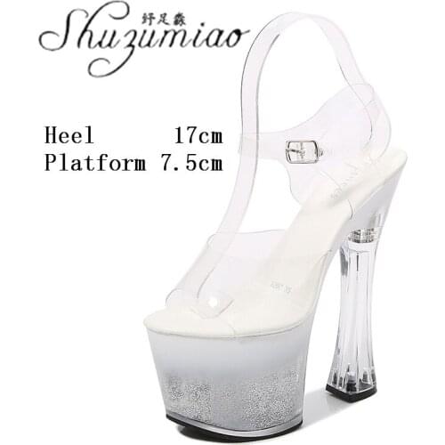 Clear Crystal Women Sexy Party Club Nightclub Stripper Girl Platforms Super High Heel Sandals 18 CM Model Show Pole Dance Shoes