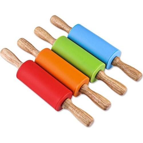 Silicone Rolling Pin 4 Sweet Colors Wood Handle Non-stick Dough Roller Parent Child DIY Baking Pastry Tools 23cm Rolling pin