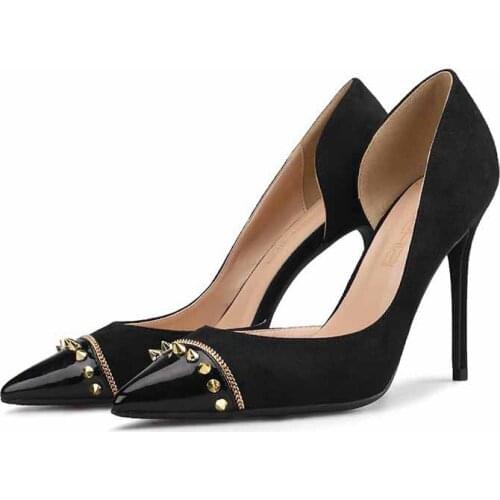 Fashion Rivet Pumps Female High Heel Sweet Slip On Pointed Toe Shoes Ladies Casual Spring Shoes Big Size Leather Shoes H0013