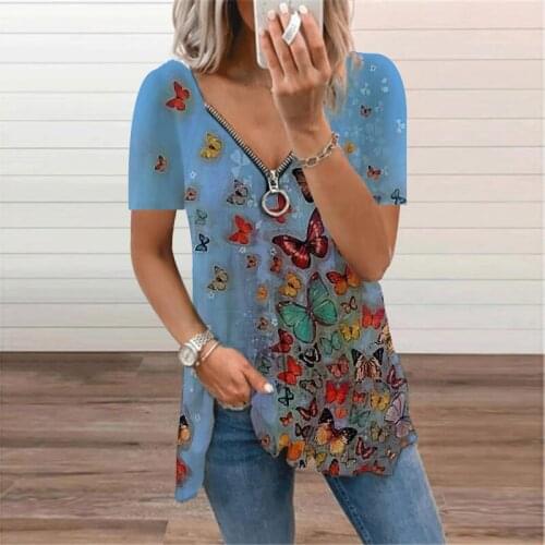 Women Summer Butterfly Graphic Printed Clothes V Neck Zipper T Shirts Short Sleeve Casual Tunic Tops Oversized Tee Shirts Femme