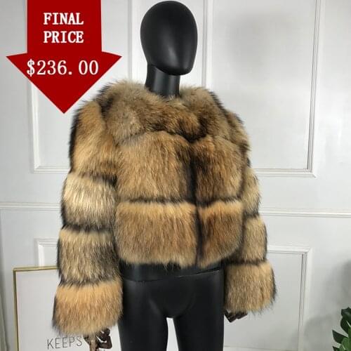 Outwear Jacket Natural Raccoon Fur Coat Women Autumn Winter Short Warm Fashion Overcoat Classic Round Collar Customize