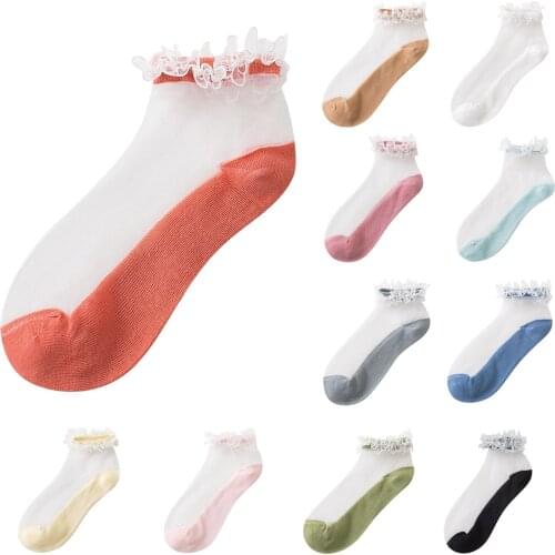 Womens Low Tube Solid Color Translucence Socks Ladies Casual Fashion Soft Net Yarn Flower See-through Crystal Cute Short Socks