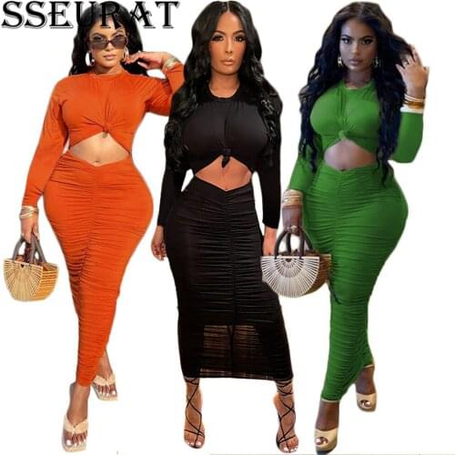 SSEURAT Autumn Long Sleeve Women Set Solid Pleated Crop Tops Sheath Elastic Skirts 2 Two Piece Sets Sexy Outfit 2021