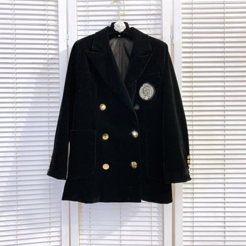 Office Lady Notched Rhinestone Badge Black Velour Blazers 2021 Spring Women Metal Buttons Double-breasted Suit Jacket Coats
