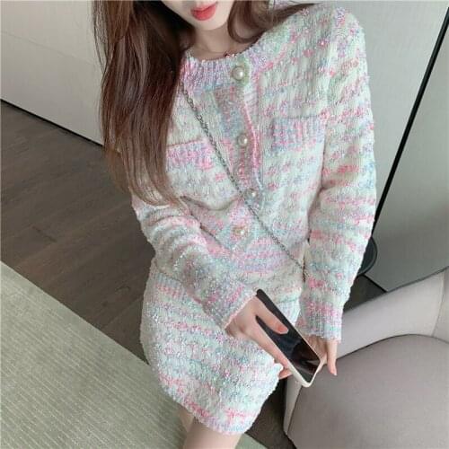 Temperament Korean Sweet Chic Pearl Button Color O Neck Striped Sweater Crop Cardigan High Waist Mini Skirt Autumn Sets