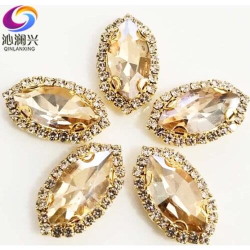Gold bottom champion Top grade Glass Crystal buckle, eye shape sew on rhinestones with holes,Diy/jewelry accessories SWEKG05