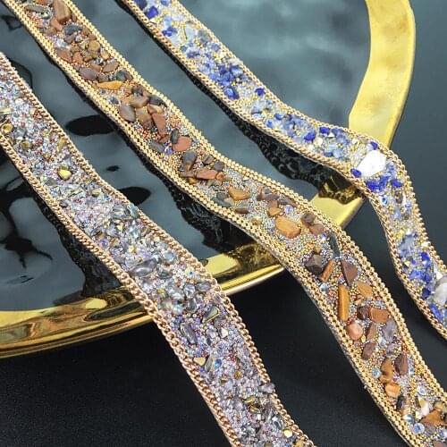 2yard beaded crystal glass pattern thermal repair rhinestone gold chain iron trim thermal transfer decal appliqué sewing TZ3621