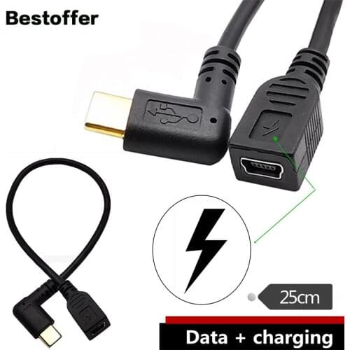 25cm Gold-Plated Elbow USB 3.1 Type-C Male to Mini USB Mini B Female Charging Converter Cable Cord