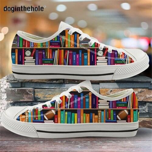 Doginthehole Women Plats Shoes Autumn 2020 Bookshelf Print Low Top Canvas Footwear for Women Light Rubber Sole Shoes Femma