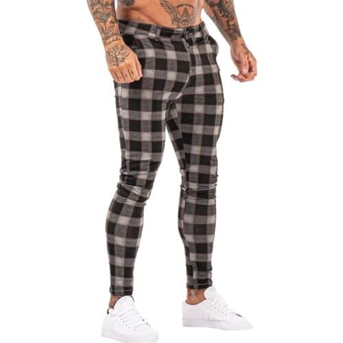 GINGTTO Men Chinos Trousers Skinny Super Stretch Chino Pants Slim Fit Mens Casual Pant Plaid Elastic Waist London Fashion zm398