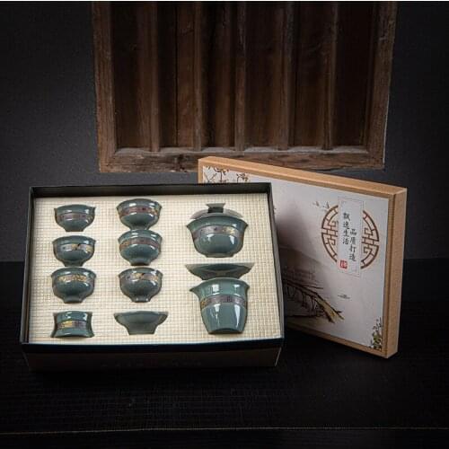 Ceramic kiln tea set of embossment 10pieces kung fu tea set gift tea teapot