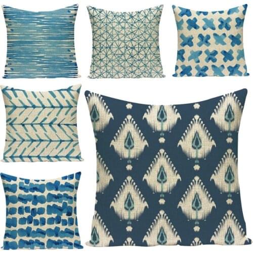 Marine blue geometric pattern pillow cover linen-cotton high quality decorative sofa cushion cover for car bed pillow cover
