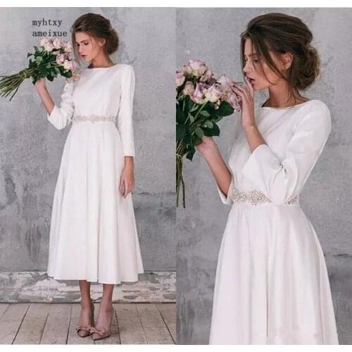 2020 Long Sleeve Cheap Satin Wedding Dresses Vintage A Line Tea Length Gorgeous Simple Wedding Bridal Gowns Robe De Mariage