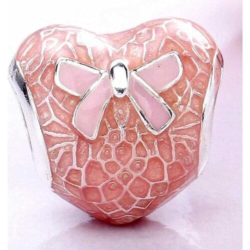 Original Pink Bow & Lace Heart With Pink Enamel Beads Fit 925 Sterling Silver Bead Charm Women Bracelet Diy Jewelry