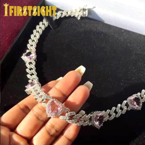 New Iced Out Bling 11mm CZ Miami Cuban Link Chain Heart Necklace AAA CZ White Pink Hearts Charm Choker Women Hip Hop jewelry