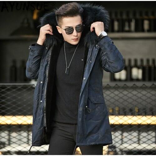 AYUNSUE Parka Real Fur Coat Men Real Sheep Fur Liner Winter Coat Men Real Raccoon Fur Collar Hooded Parkas Casaco 1709 YY1361