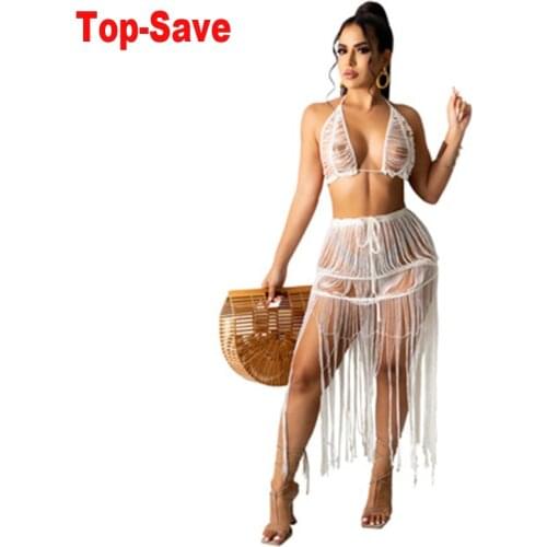 Holiday Women Knitted Two Piece Set Mesh Tube Top Tassel Beach Dress Long Skirt Sexy Bikini Cover Up Birthday Outfits Wholesale