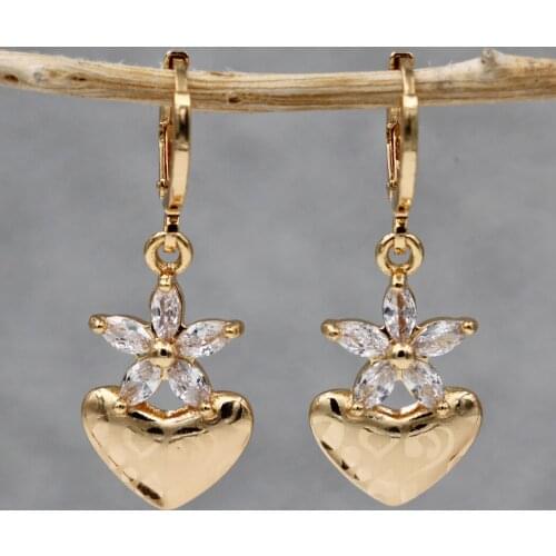 Cute Romantic Heart Gold Copper Earrings White Stone Dangle Flower Drop Earring For Women Girls Fashion Jewelry Accessories Gift