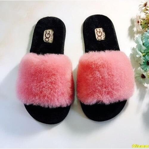 Summer Women Furry Slides Faux Fur Slippers DGC Sandals Plush Cute Kawaii Designer Female Slippers Peep-Toe Platform Shoe