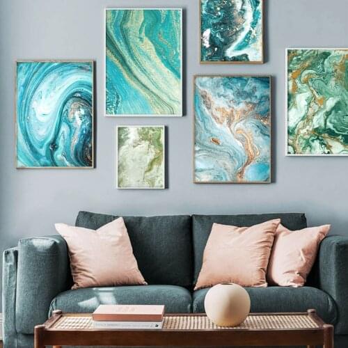Blue Golden Modern Abstract Ocean Wall Poster Nordic Canvas Print Painting Contemporary Art Decoration Picture Living Room Decor