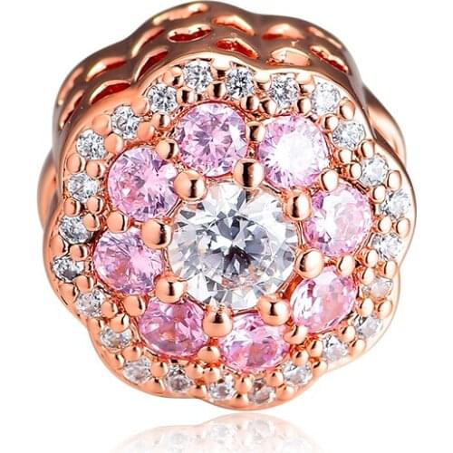 2019 Spring silver 925 jewelry Pink Sparkling Flower Charms 925 Sterling Silver rose bead Fit beads Bracelets DIY Memnon Jewelry