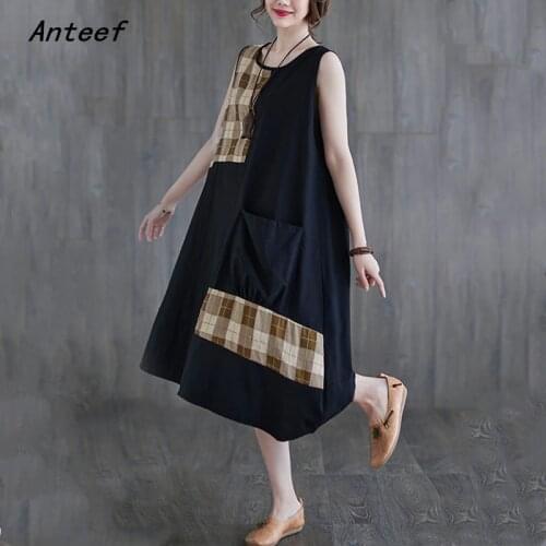 Sleeveless cotton linen vintage plaid dresses for women casual loose midi woman summer dress elegant clothes 2021