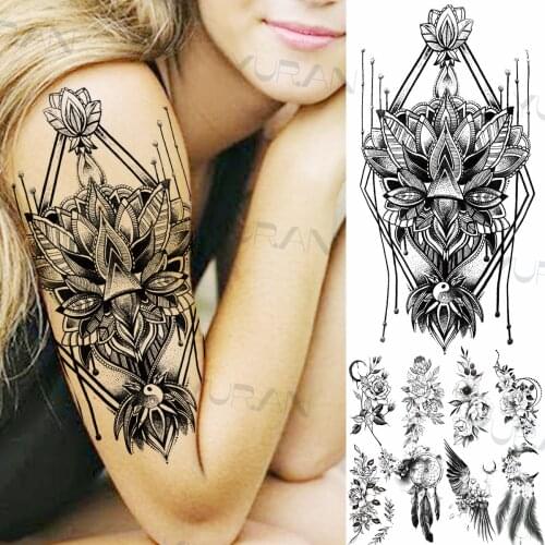 Geometric Lotus Flower Temporary Tattoos For Women Girl Adult Fake Moon Rose Feather Wings Tattoo Sticker Washable Tatoo Armband