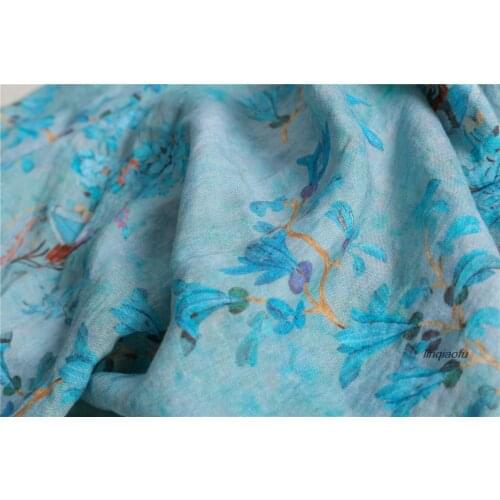 High quality fresh and wild retro printed pattern blue wind chime linen garment fabric
