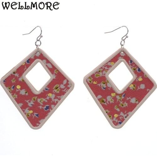 WELLMORE leather Multicolor Flowers Geometric earrings Drop dangle earrings for women fashion Female jewelry whlesale