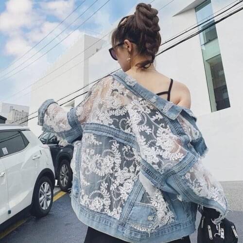Streetwear Lace Patchwork Jean Hole Denim Jacket Coat Women Oversized Long Sleeve Perspective Flower Embroidery Loose Overcoat