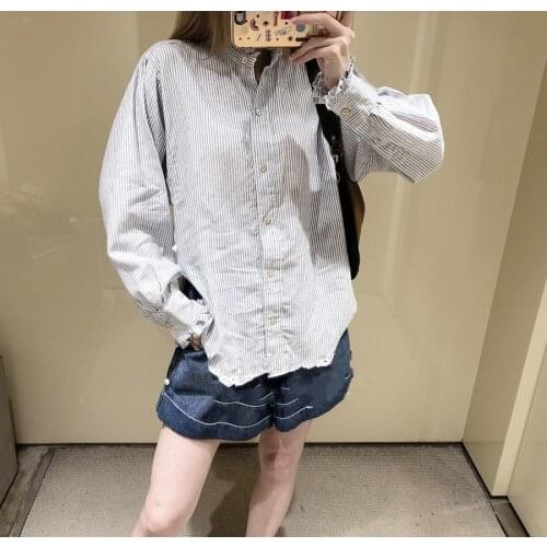 Women Shirt 2021 Autumn New Style Fungus Collar Button Striped Loose Ladies Top Shirt