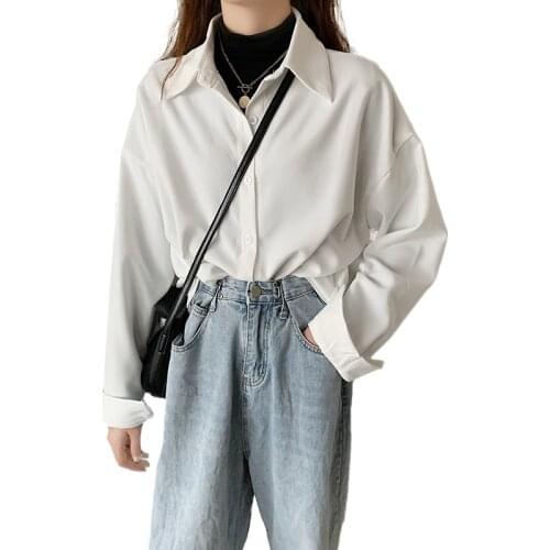 2021 New Retro White Thick Chiffon Shirt Female Autumn Winter Blouse Women Spring Korean Loose Mid-length Shirts 148A