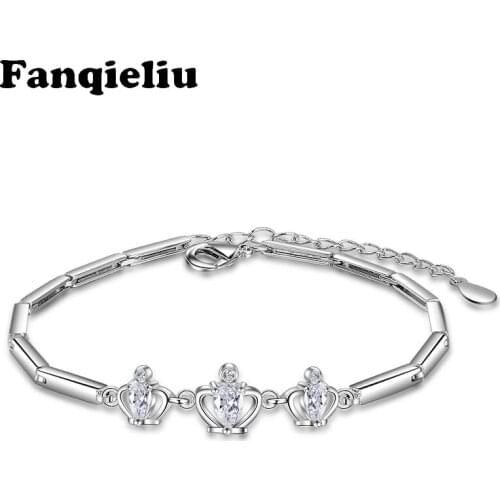 Fanqieliu Sterling 925 Solid Silver Chain Bracelets For Women Cute Crystal Crown Charms Charm Bangles Jewelry Bracelets FQL20338