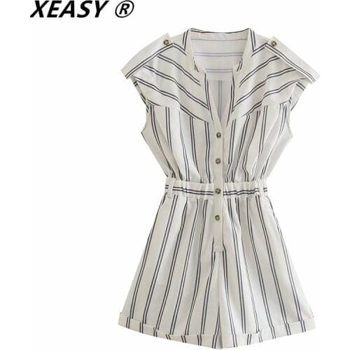 XEASY Women 2021 Fashion Striped Print Casual Playsuits Female Elastic Waist Buttons Shorts Siamese Chic Pockets Rompers