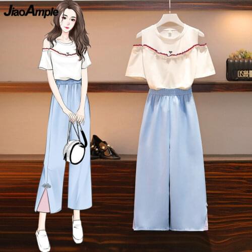 Women Plus Size Summer Clothing Set 2021 Girls Student Leisure Loose White T-Shirt Ankle-Length Pants Suit Ladies Casual Clothes