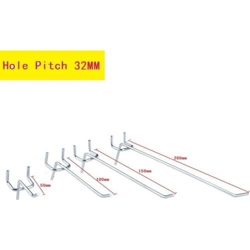 15PCS 50/100/150/200MM Length Metal Chrome-Plated Pegboard Hooks Shelf Hanger 32mm Hole Pitch Display Hooks Supermarket Hooks
