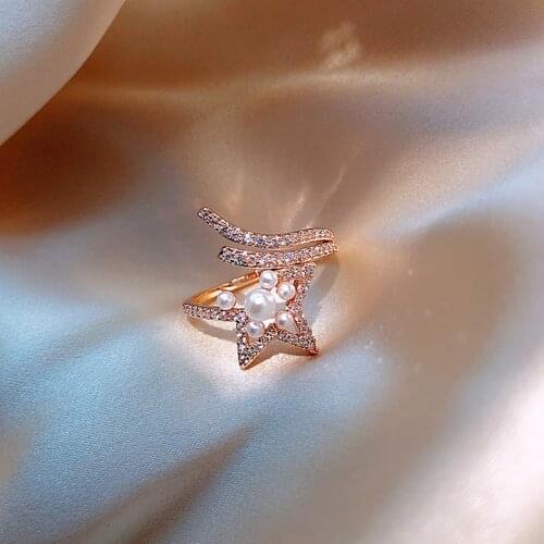 2021 New Fashion Shiny Crystal Star Modelling Opening Rings Elegant Temperament Sweet Pearl Adjustable Women Rings Jewelry
